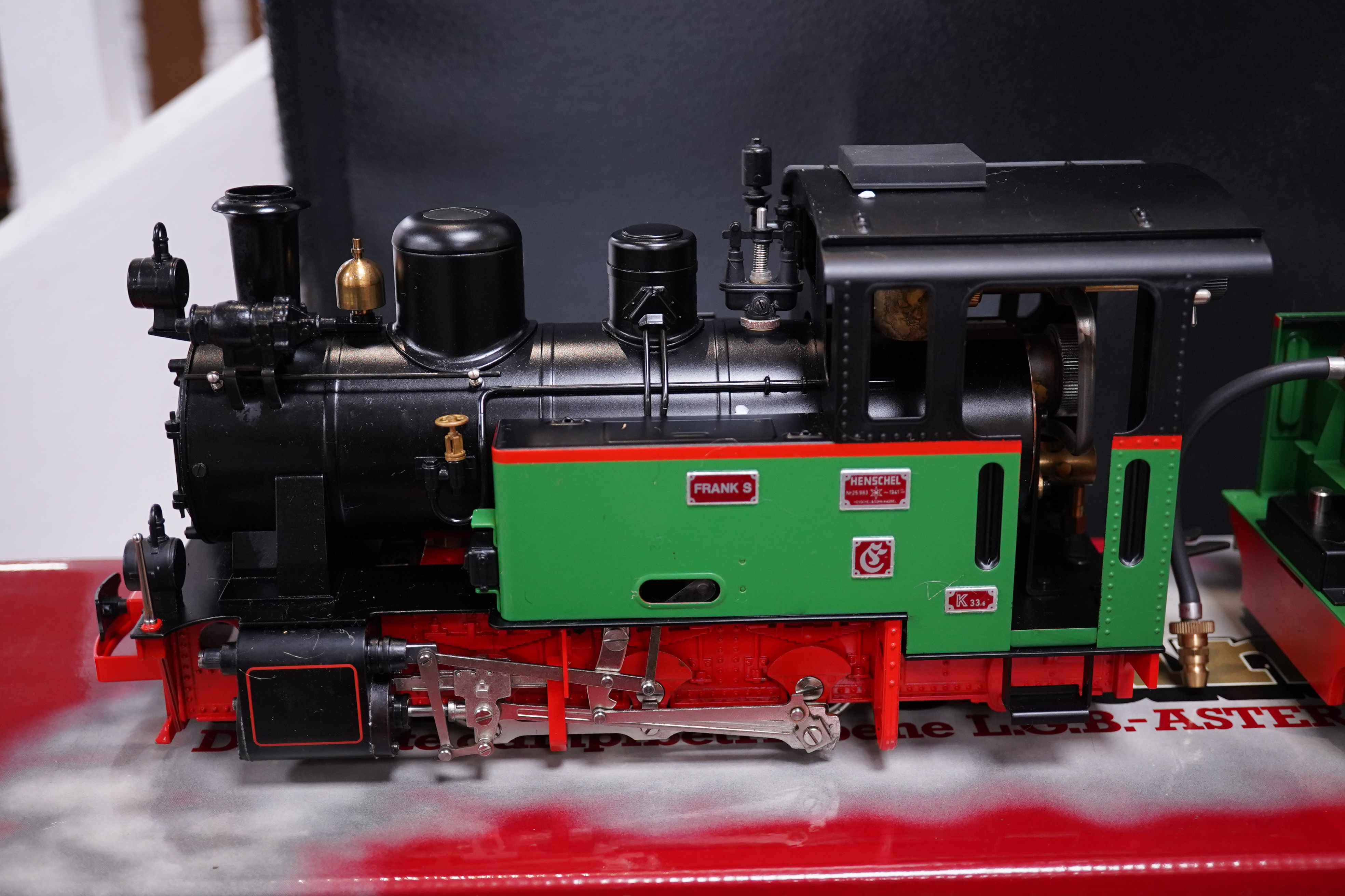 A boxed Aster Hobbies for LGB (2901) live steam 16mm scale gas fired narrow gauge 0-4-0 tender locomotive running on 45mm gauge track, Frank S, in black and green livery, boxed with instructions and accessories. Conditio